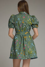 Floral Print Puff Sleeve Mini Dress with Scallop Trim