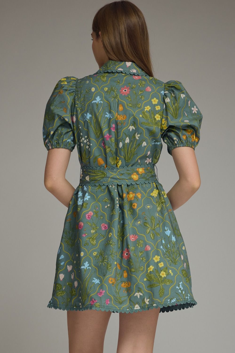 Floral Print Puff Sleeve Mini Dress with Scallop Trim