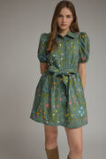 Floral Print Puff Sleeve Mini Dress with Scallop Trim