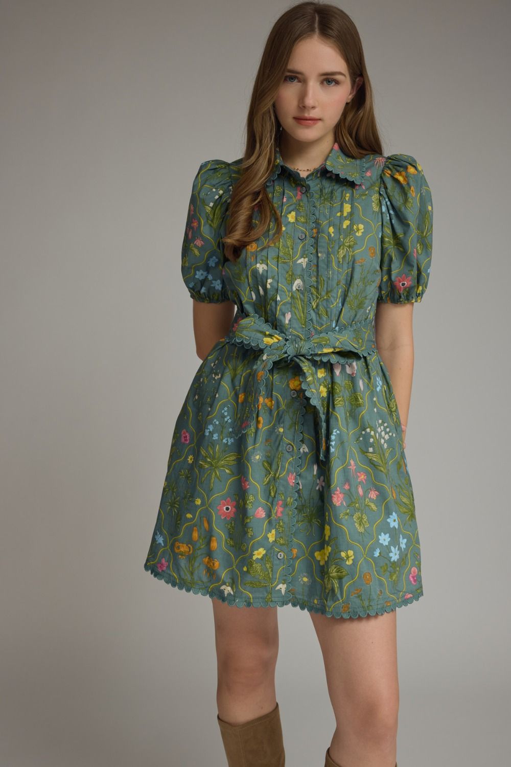 Floral Print Puff Sleeve Mini Dress with Scallop Trim