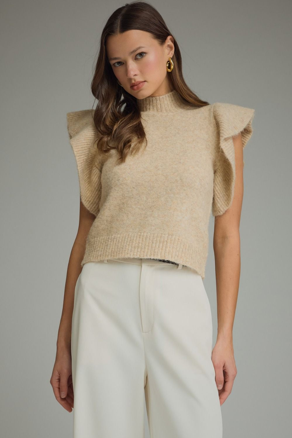 Mock Neck Ruffle Sleeve Knit Top