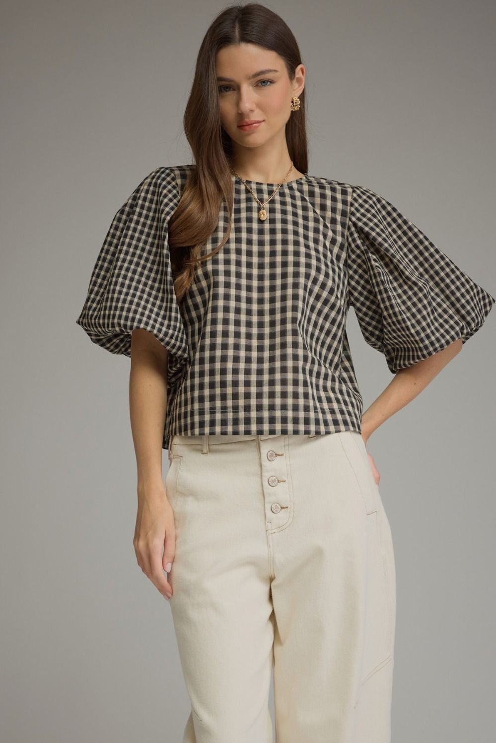 Red Plaid Top with Puff Sleeves
