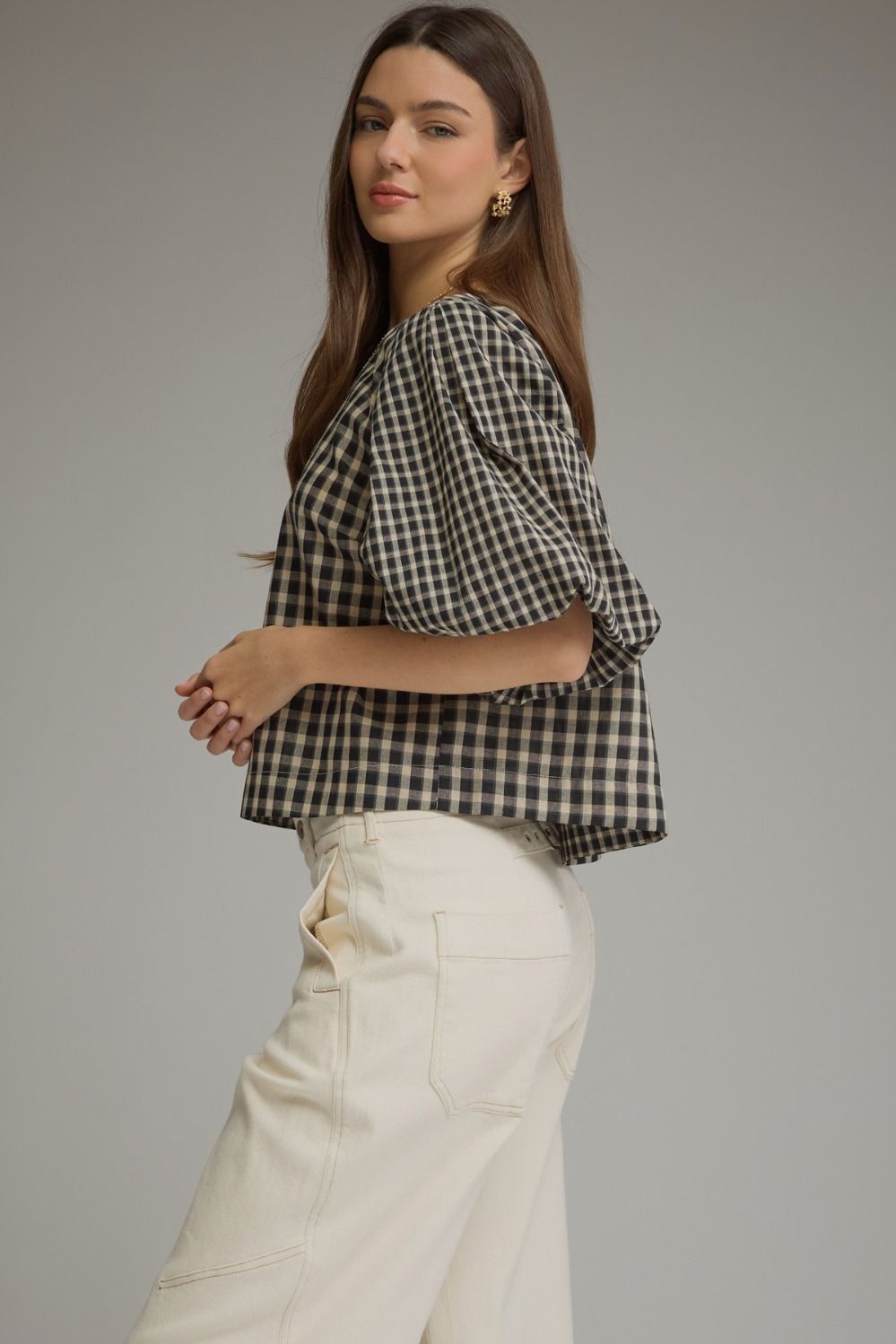 Red Plaid Top with Puff Sleeves