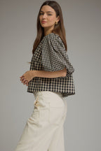 Red Plaid Top with Puff Sleeves