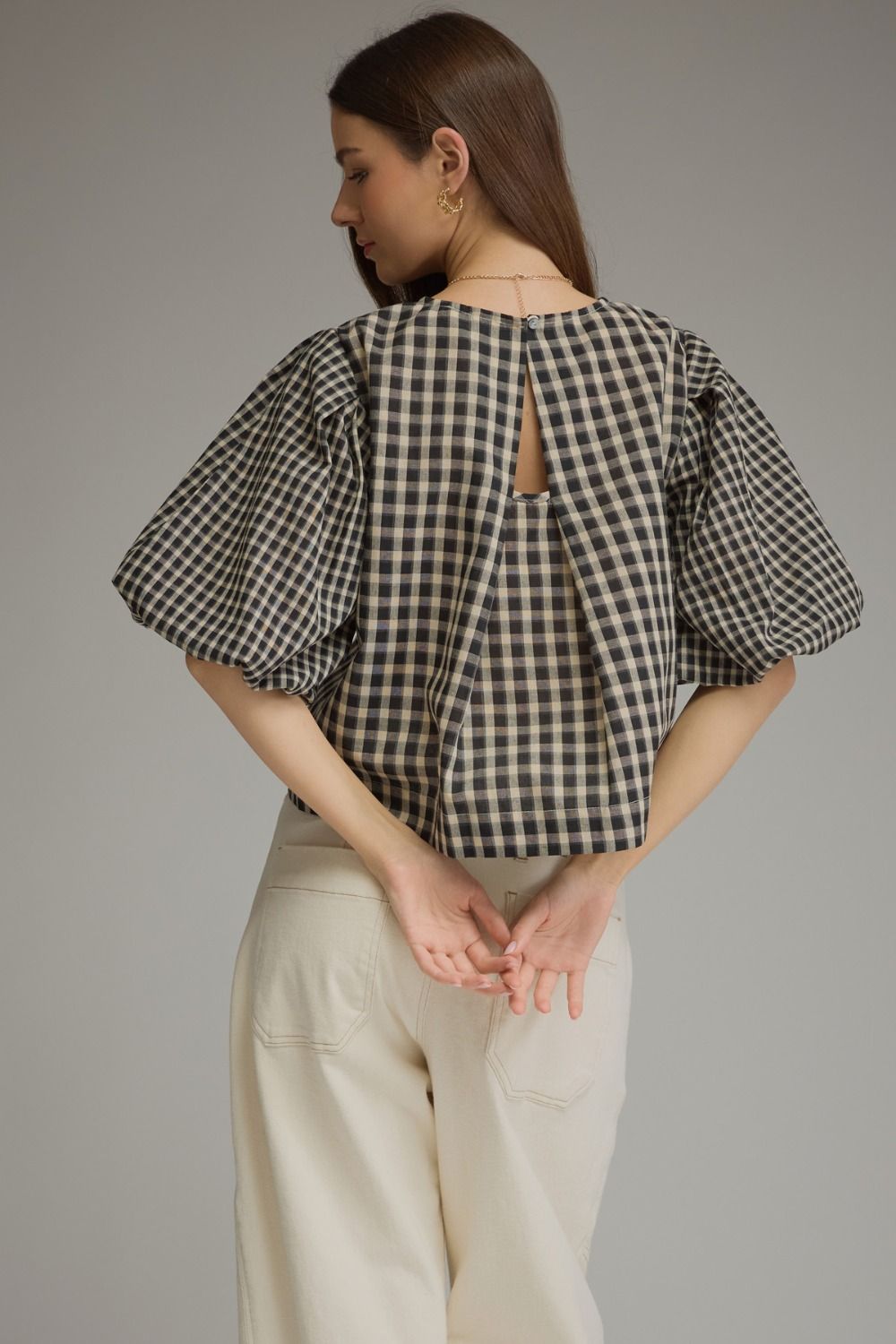 Red Plaid Top with Puff Sleeves