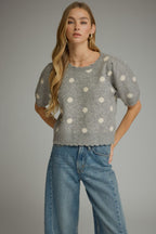 Short Sleeve Polka Dot Sweater, Grey