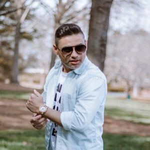 a person in sunglasses and a white shirt