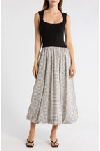 Mixed Media Balloon Plaid Skirt Midi Dress