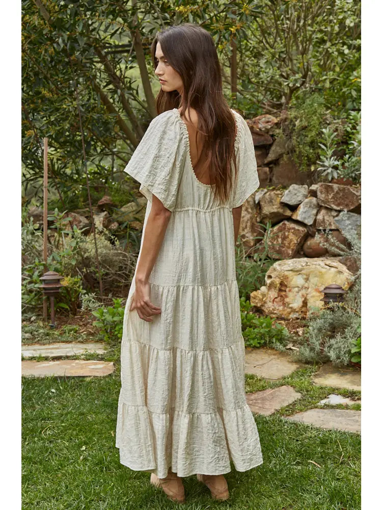 Woven Button Down Tiered Flare Maxi Dress