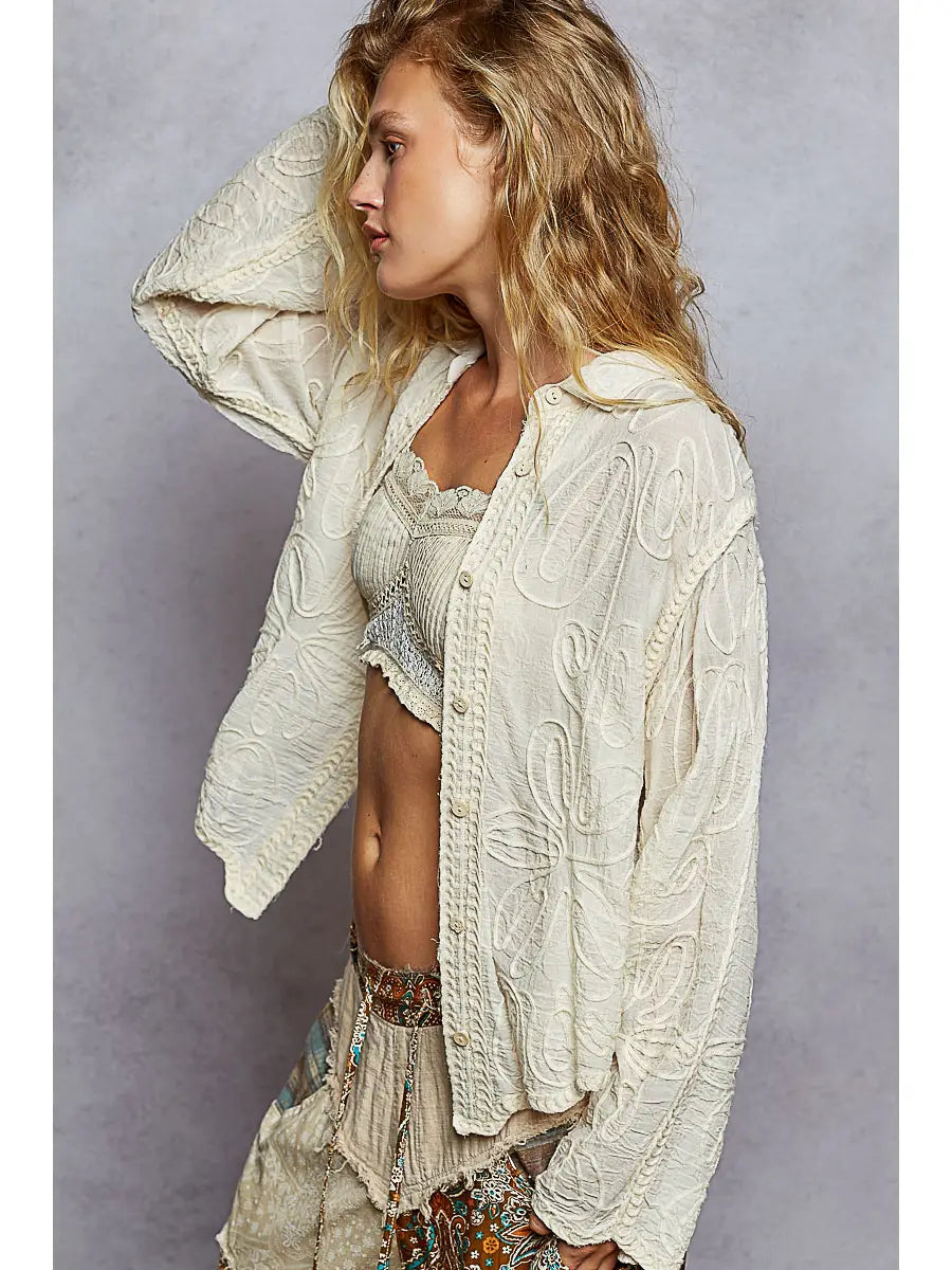 Long Sleeve Crochet Embroidered Floral Shirt