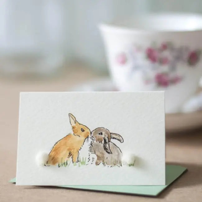 Rabbits Kissing Love Mini Card with Wool | 3D Greeting Card