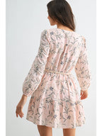 Embroidered Floral Belted Long-Sleeve Mini Dress
