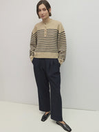 Button Down Striped Sweater, Oatmeal/Black