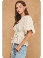Dotted Textured Puff Sleeve Tie Waist Peplum Top