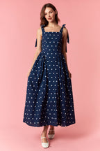 Navy Polka Dot Dress with Ties and Back Smocking