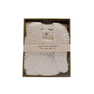 a white Bunny Baby Lovey Blanket in a box