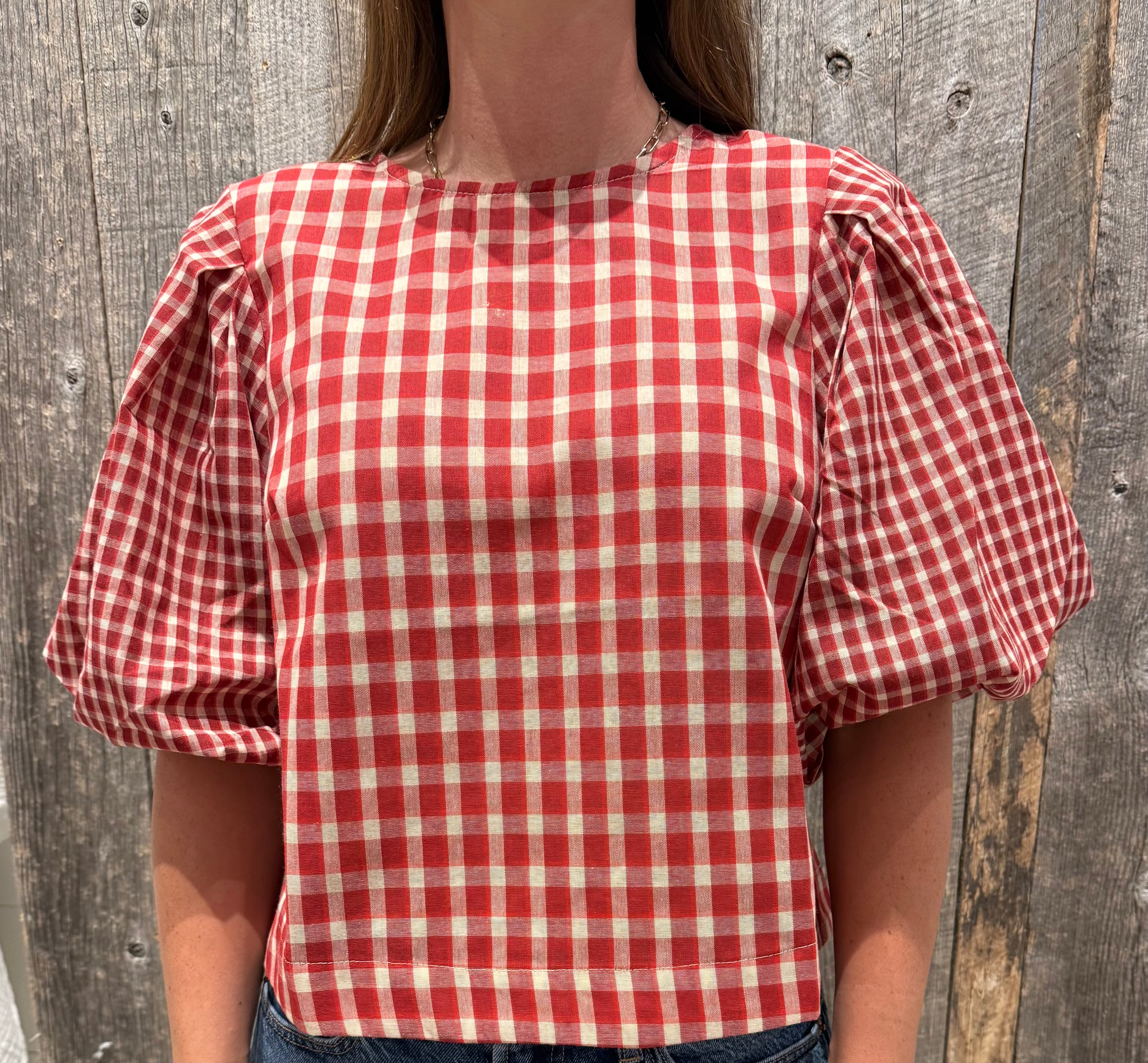 Red Plaid Top with Puff Sleeves