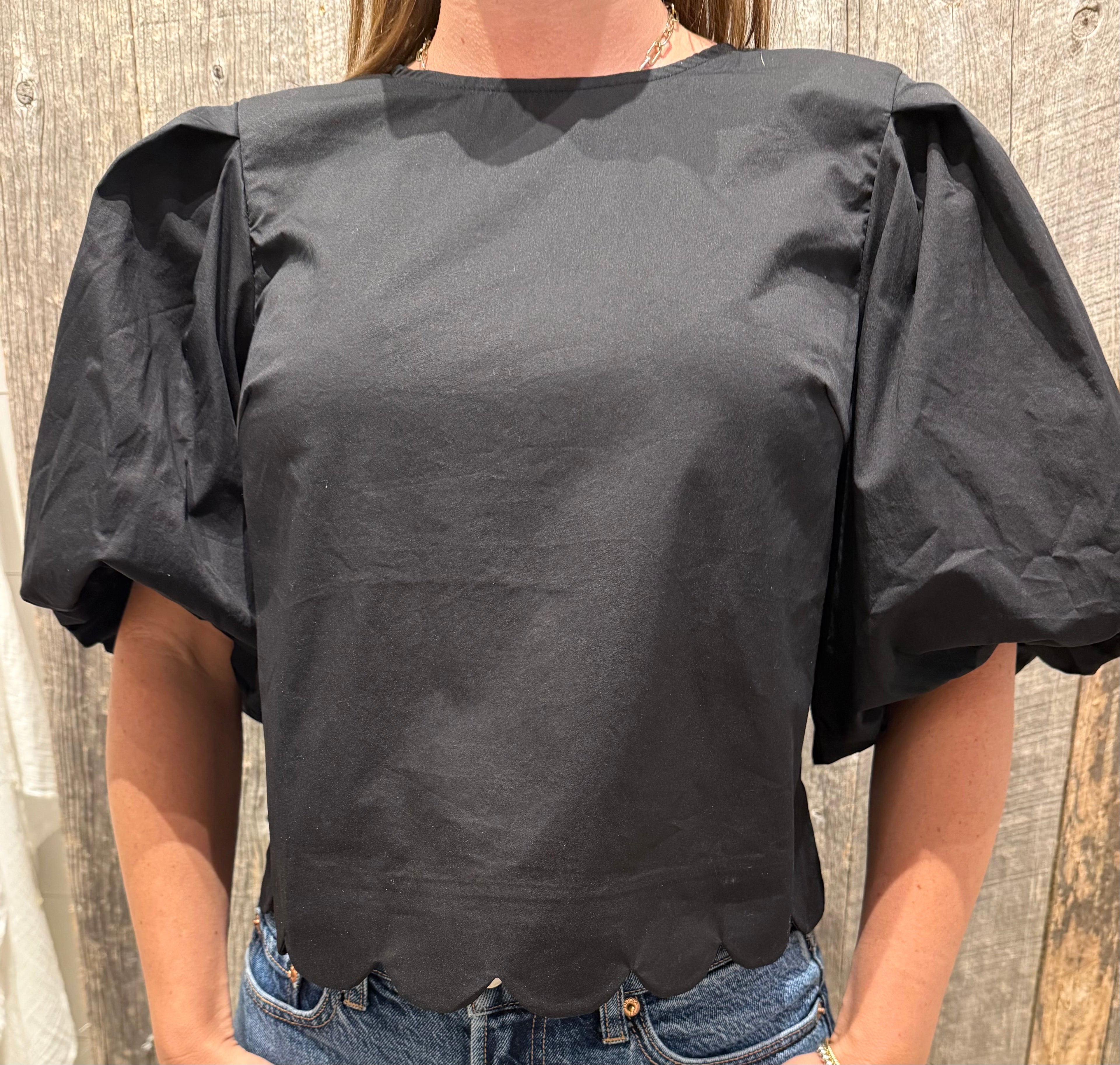 Scalloped Bottom Blouse with Puff Sleeves