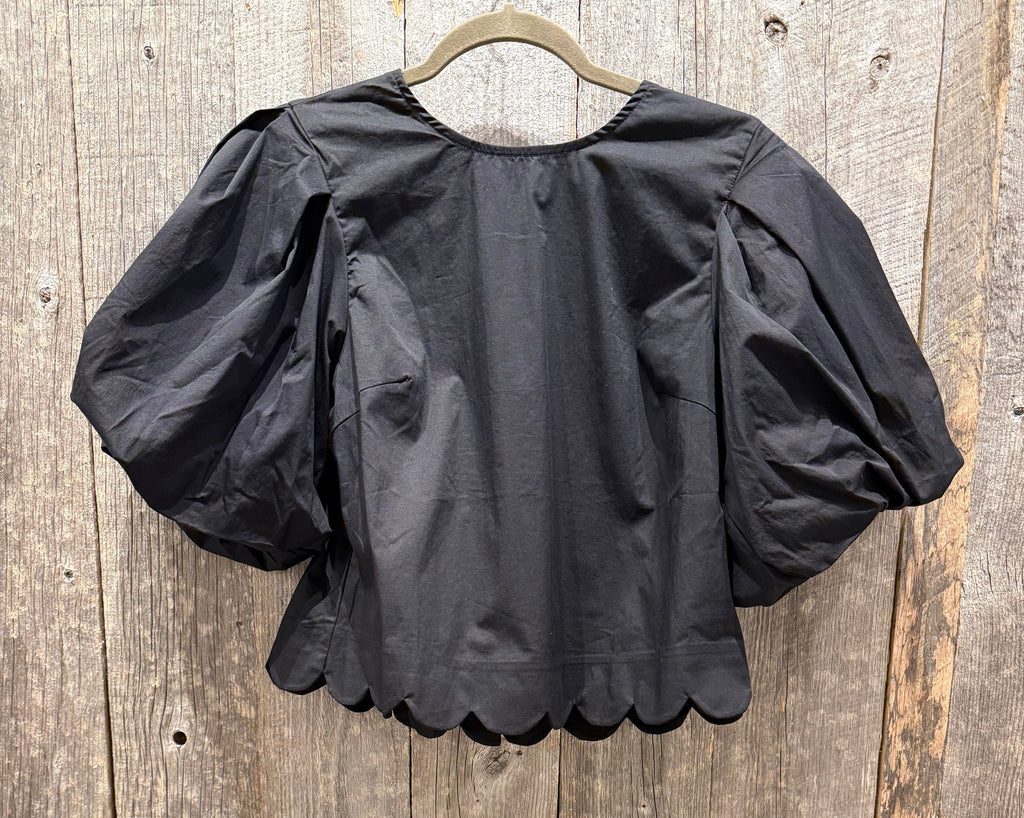 Scalloped Bottom Blouse with Puff Sleeves