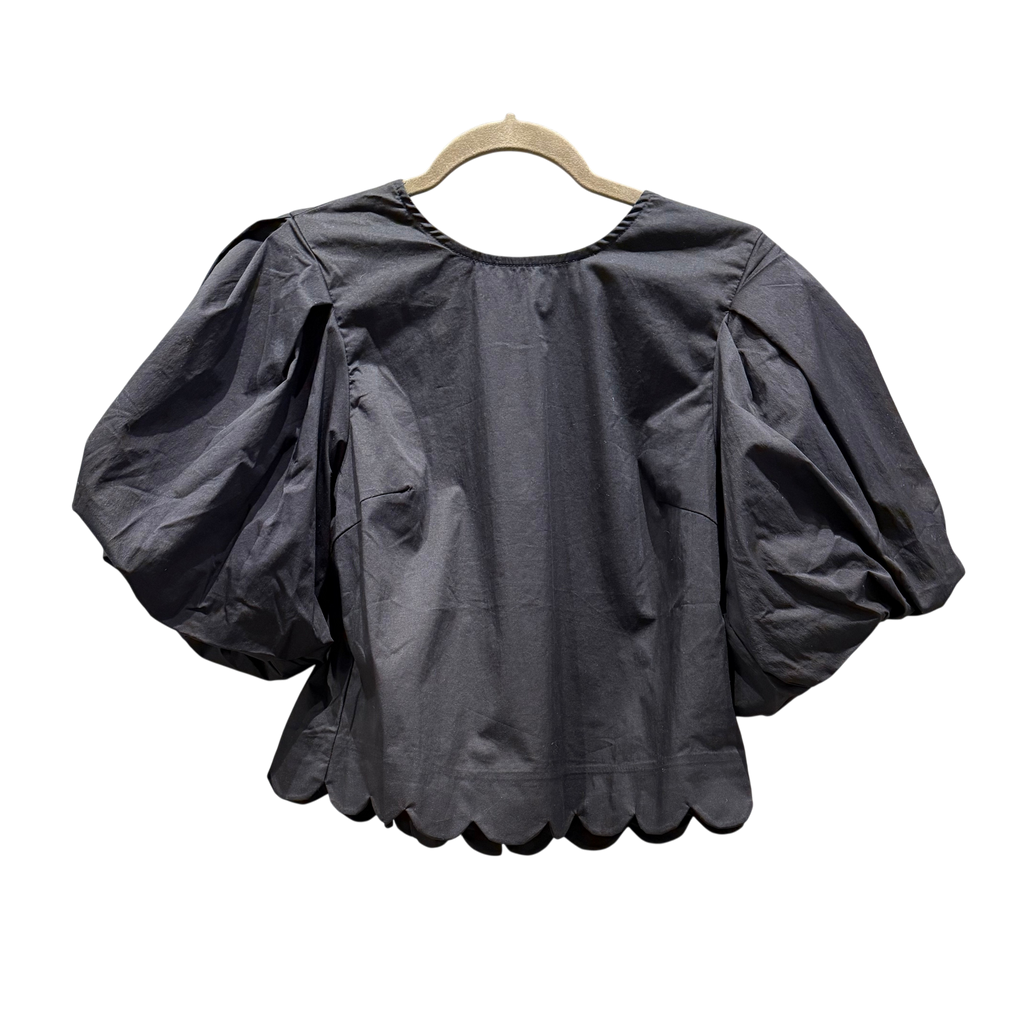 Scalloped Bottom Blouse with Puff Sleeves