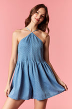 Polka Dot Denim Pintuck Pleated  Halter Neck Dress