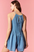 Polka Dot Denim Pintuck Pleated  Halter Neck Dress