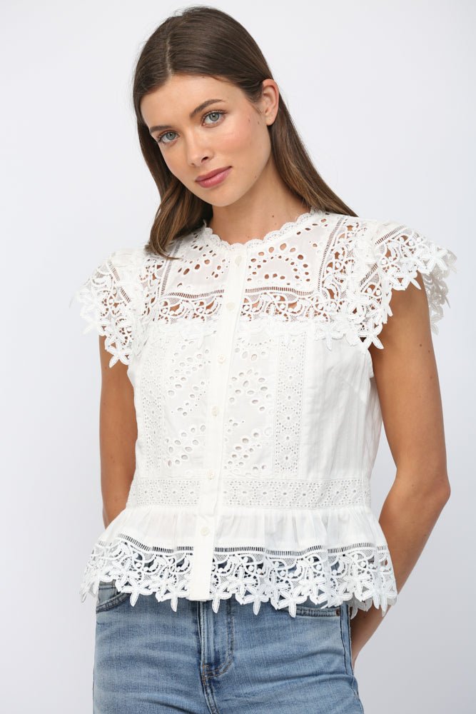 Lace & Eyelet Peplum Top, Off White