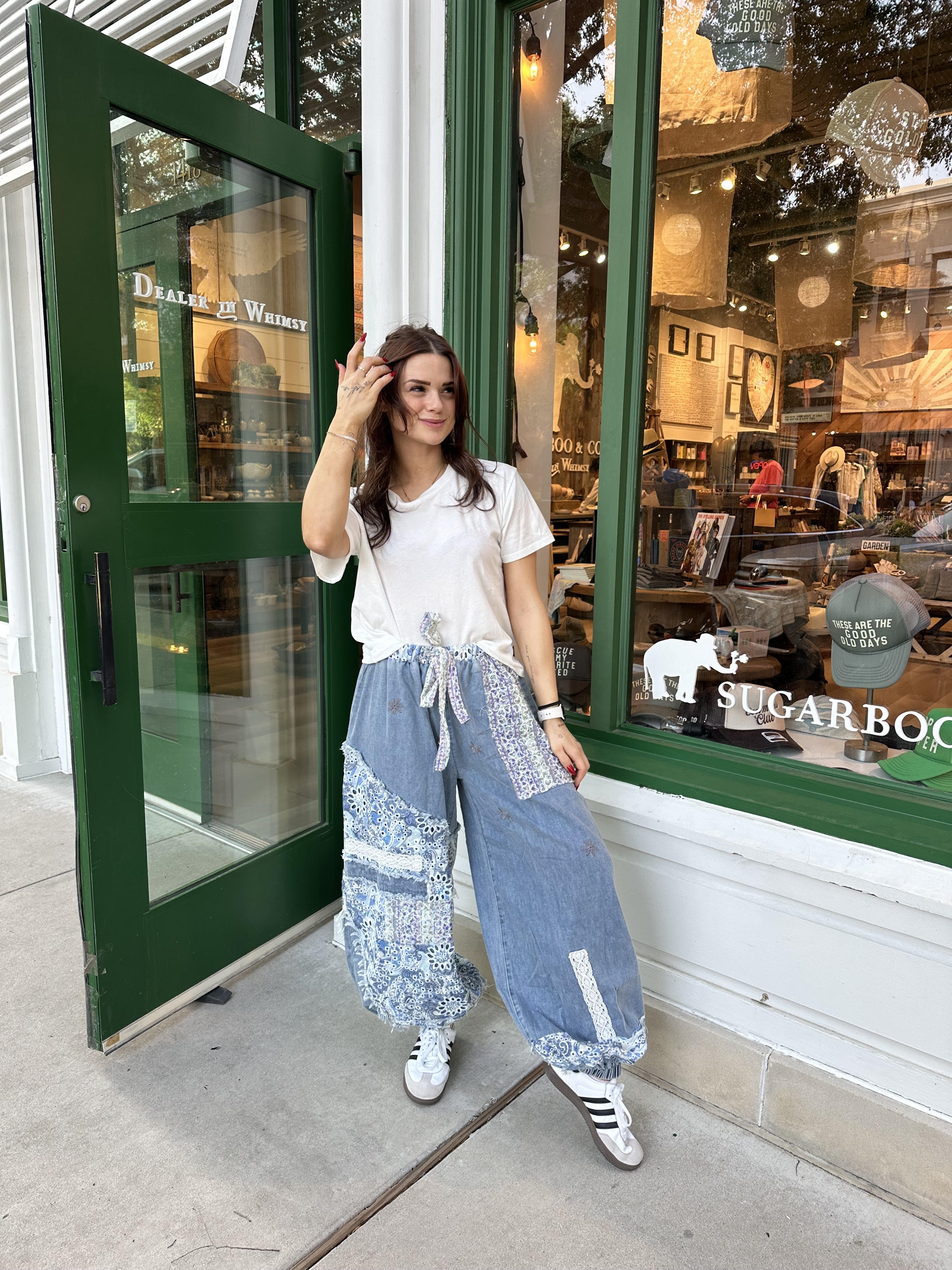 Floral Print Patchwork Twill Jogger Pants, Denim