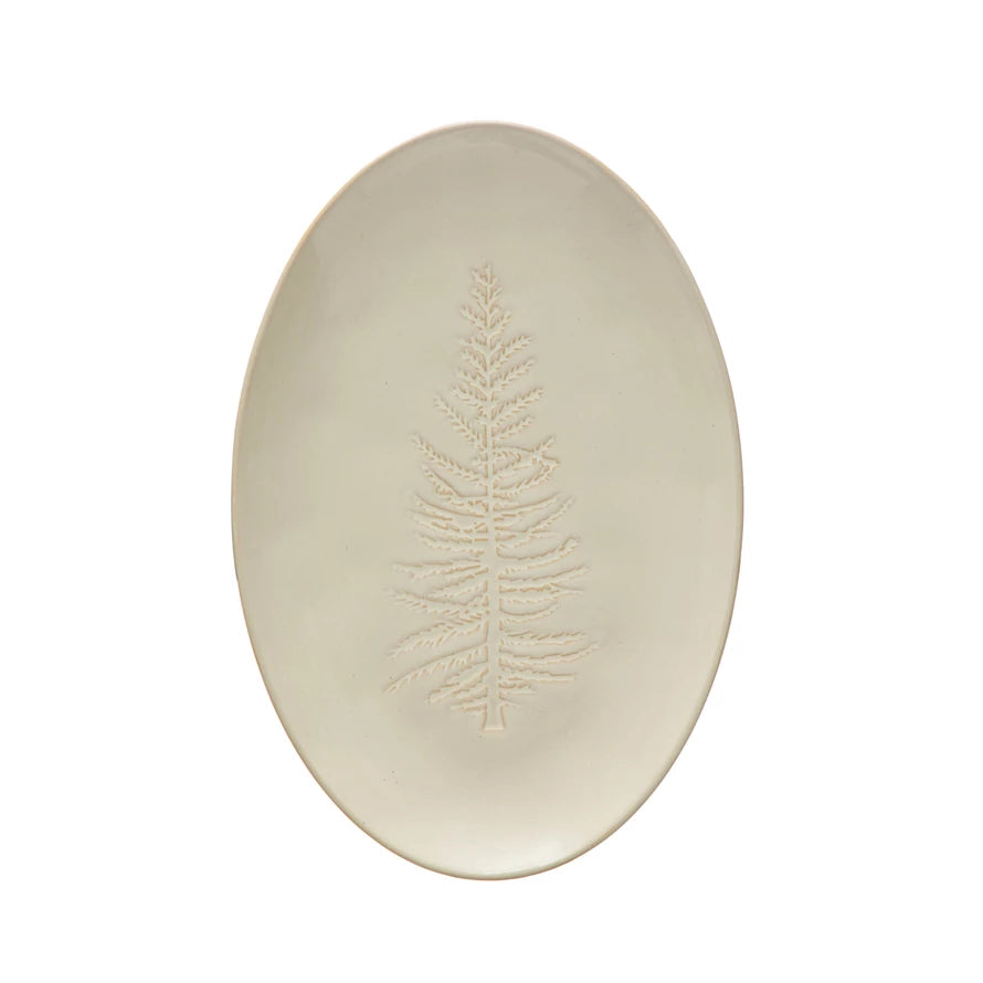 Oval Debossed Stoneware Platter w/ Tree Design, White