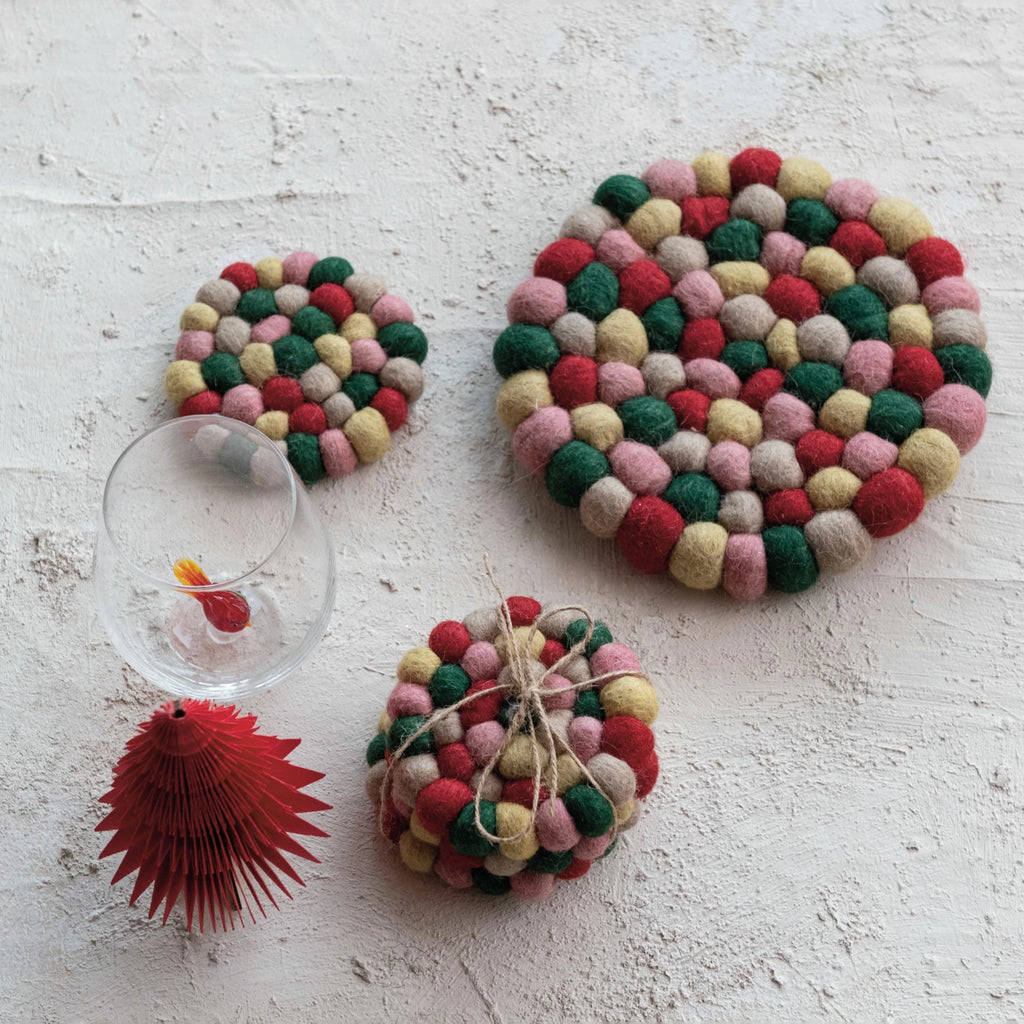 Handmade Wool Felt Ball Trivet, Multi Color