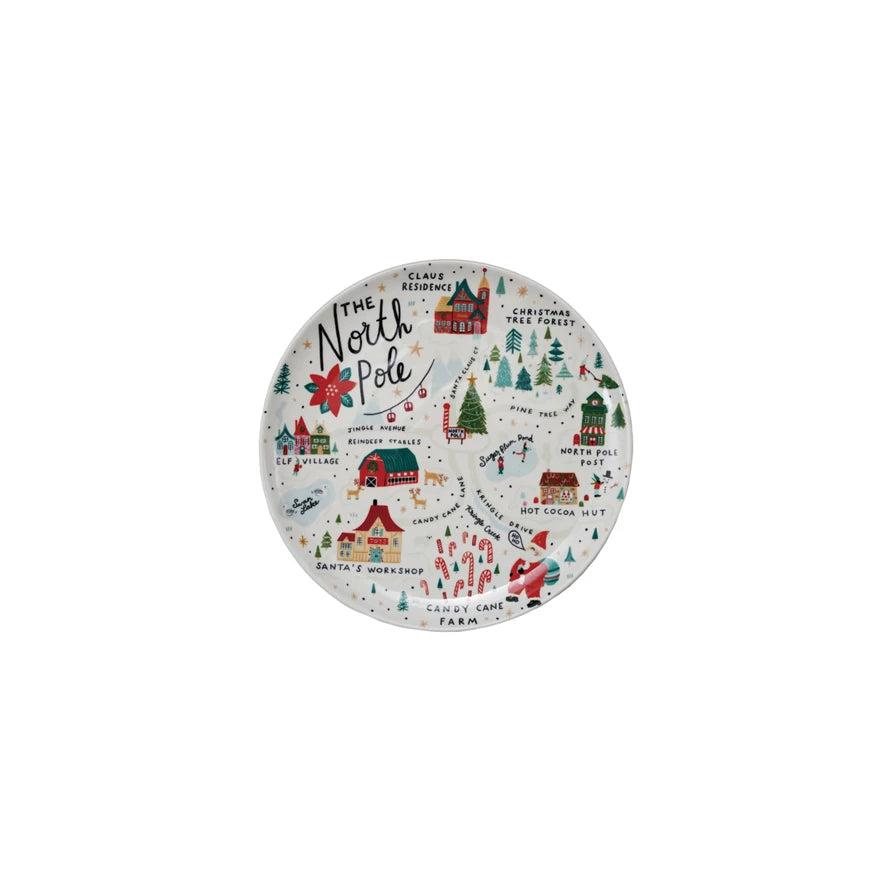 Stoneware Plate with North Pole Scene, Multi Color