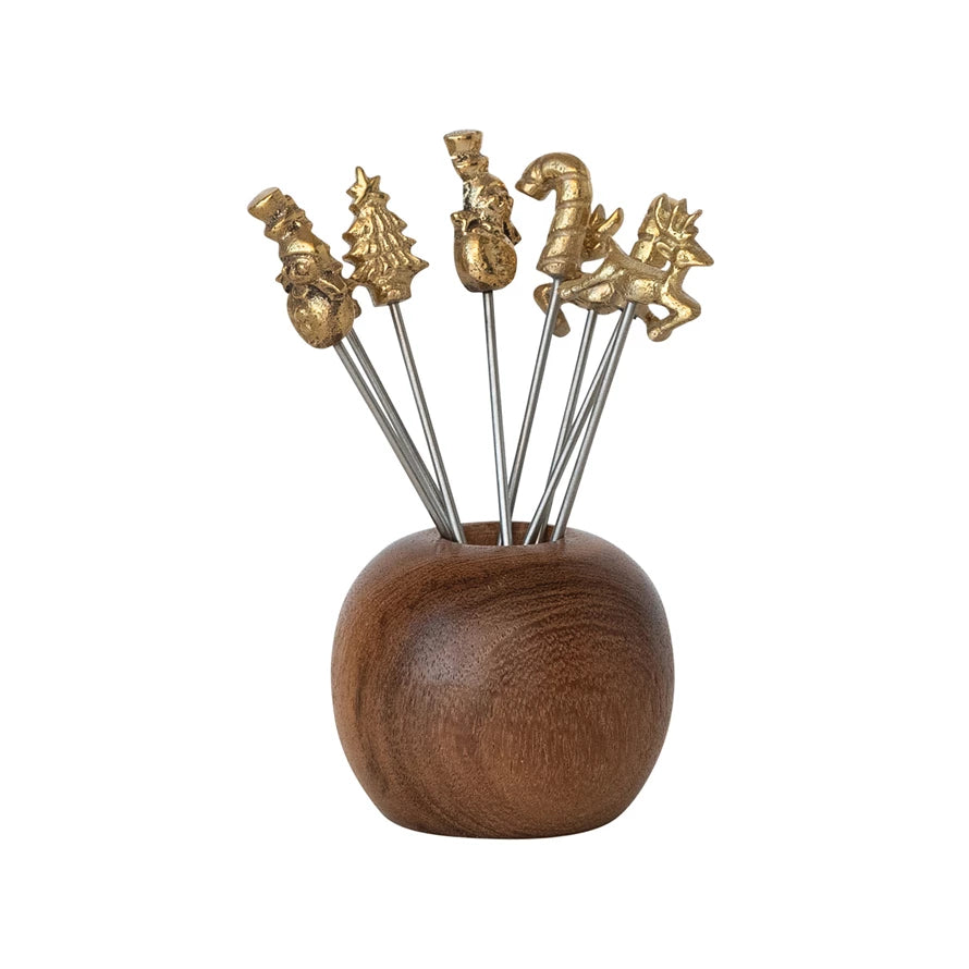 Mango Wood Holder with (8) Appetizer Picks, S/ 9