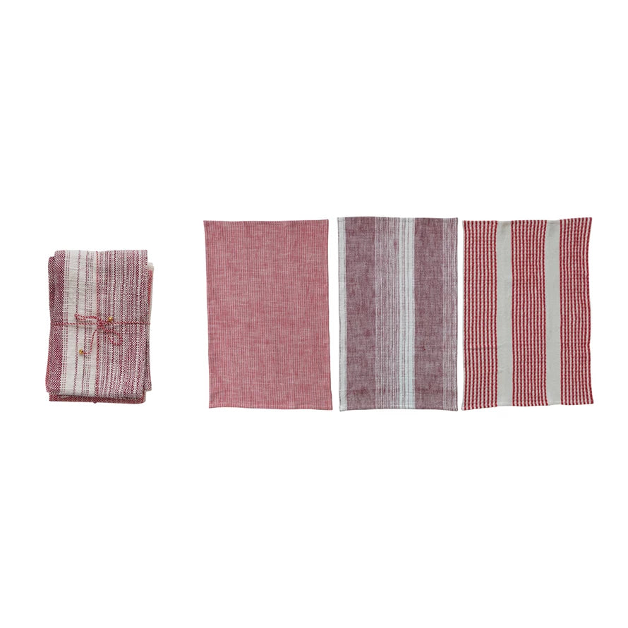 Woven Tea Towels, Red, S/3 Tied with Twine & Bell