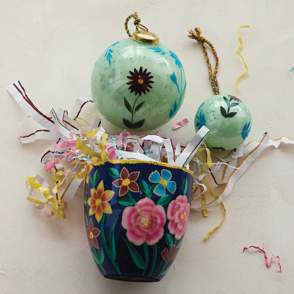 Hand-Painted Mercury Glass Ball Ornament with Flowers