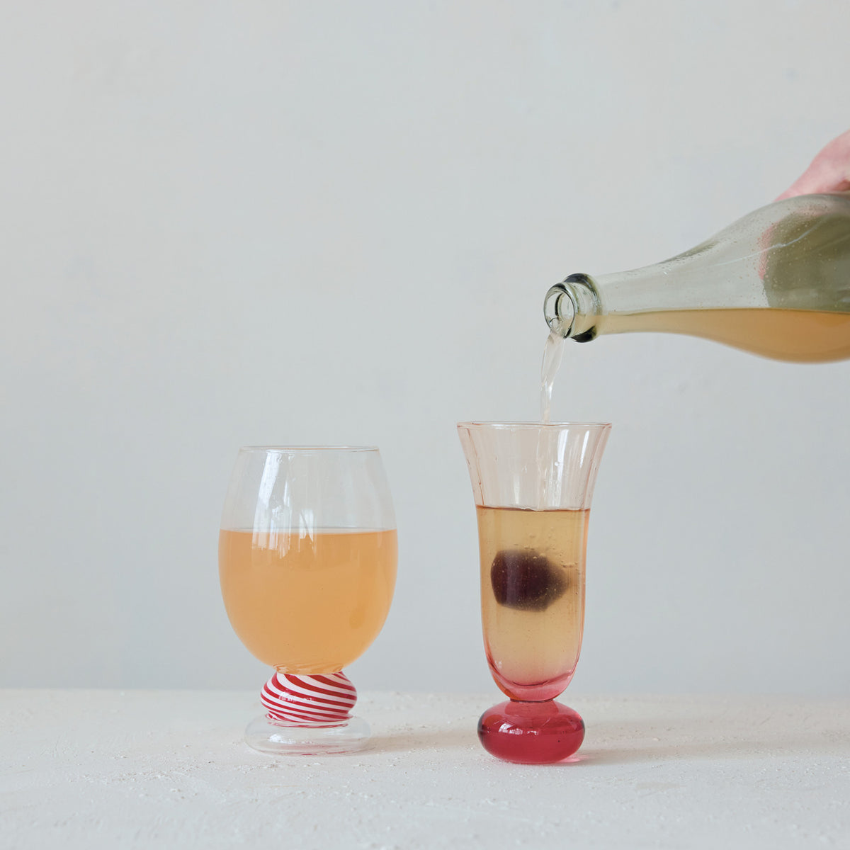 Blown Fluted Drinking Glass with Ball Stem - Pink