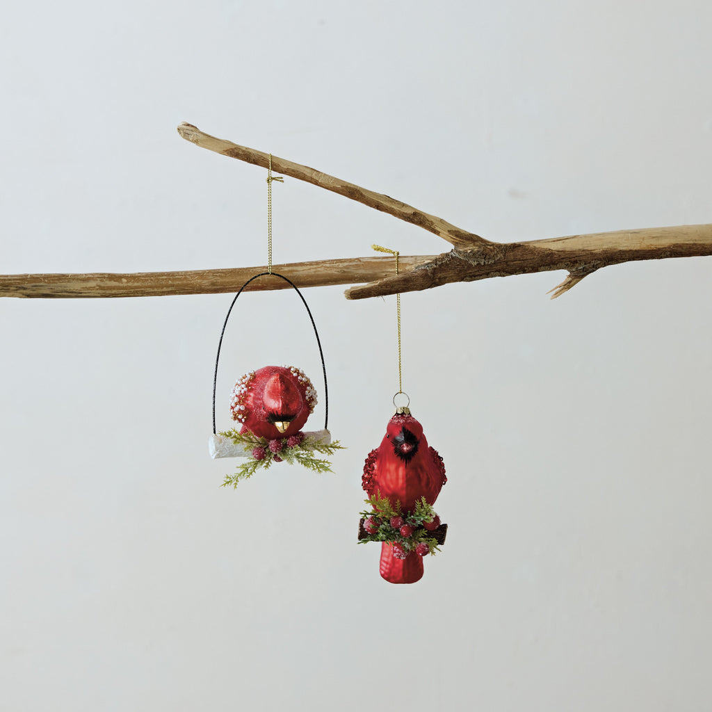 Mercury Glass Cardinal Ornament with Beads & Glitter