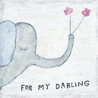 white art prints with light blue/ grey elephant holding pink flowers