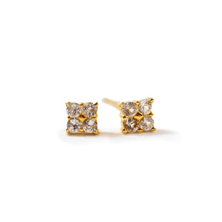 square shaped gold post earrings with white topaz stones