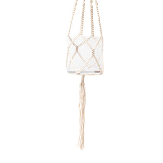 macrame hanging planter with glass vase and tassel