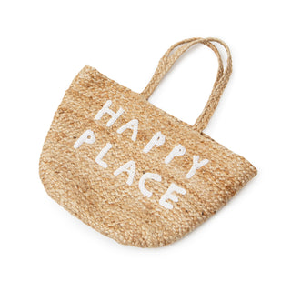 jute tote bag with two handles and white embroidery reading "happy place"