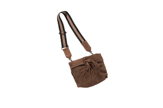 Small Cognac Suede Crossbody with Tassels and Striped Strap