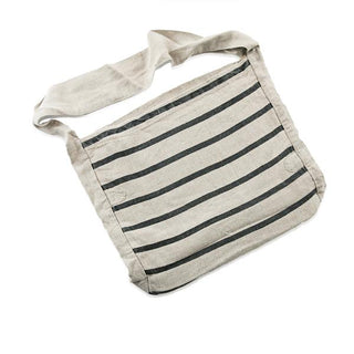 canvas messenger bag with black horizontal stripes
