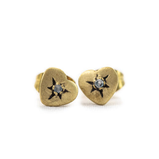 Brass Heart Stud Earrings with White Topaz