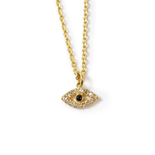 Gold Plated Necklace with White Topaz and Black Spinel Evil Eye