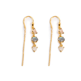  gold labradorite, rose quartz, and moonstone earrings