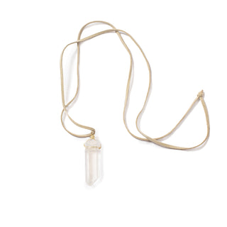 Clear Quartz Necklace with Gold Hardware and Grey Suede