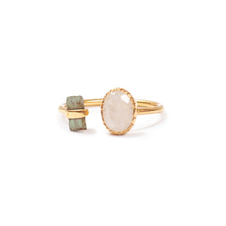 Gold Plated Oval Rainbow Moonstone and Tourmaline Bar Ring light green