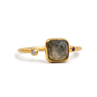 Gold Plated Labradorite Ring with Pink Tourmaline Stone & White Topaz Split