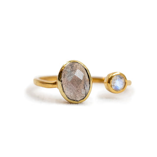 Gold Plated Oval Labradorite and Round Moonstone Dual Ring