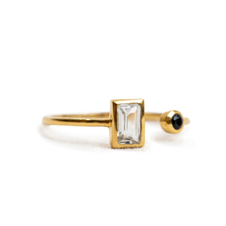 Gold Plated Rectangle White Topaz and Black Spinel Dual Ring